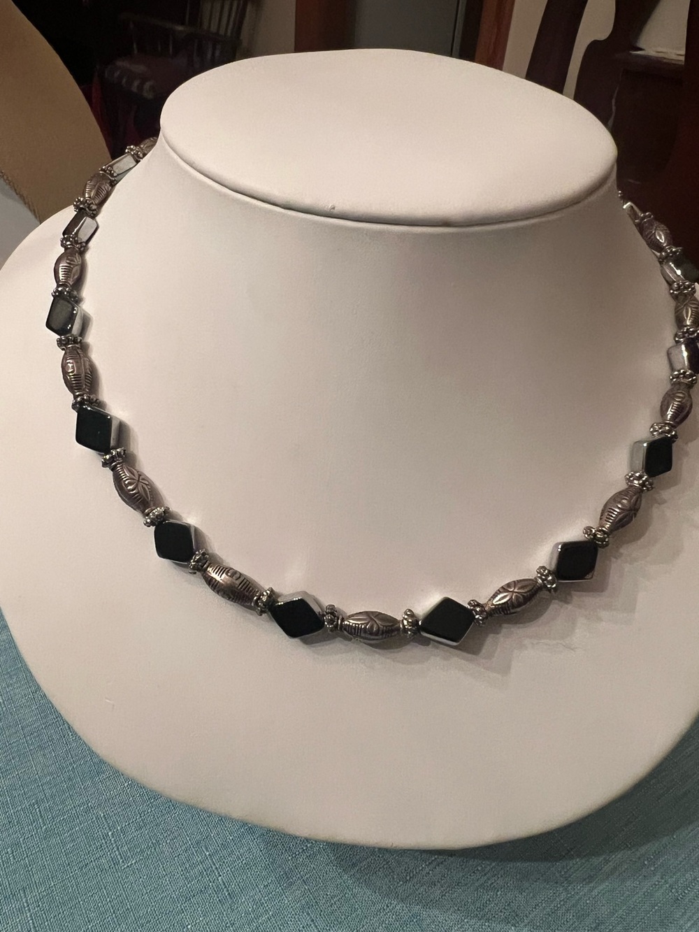 New hand made 20” black enamel & silver bead necklace with sterling silver clasp